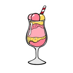 Ice cream dessert with caramel or chocolate. ice cream with nuts,sweet vanilla whipped cream and fruit ice. Vector illustration, lines on a white background.