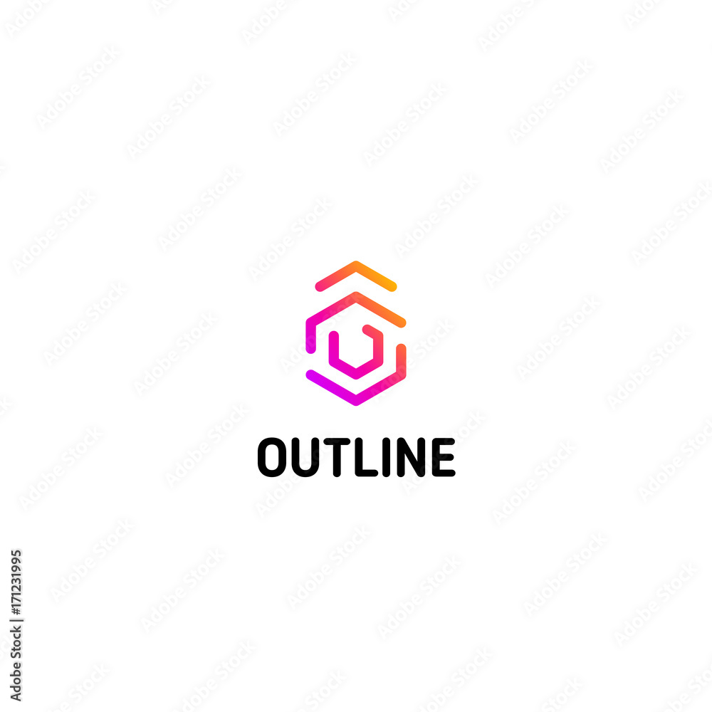 Poster Isolated line art arrow up logo template. Abstract linear logotype. Colorful geometric icon. Outline innovate design elements. Vector simple futuristic sign. Hexagon shapes of lines.