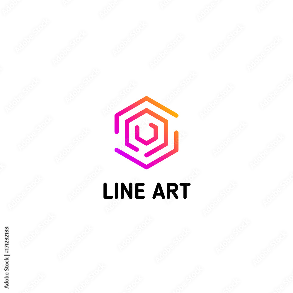 Poster Isolated line art logo template. Abstract linear logotype. Colorful geometric icon. Outline innovate design elements. Vector simple futuristic sign. Hexagon shapes of lines.