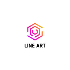 Isolated line art logo template. Abstract linear logotype. Colorful geometric icon. Outline innovate design elements. Vector simple futuristic sign. Hexagon shapes of lines.