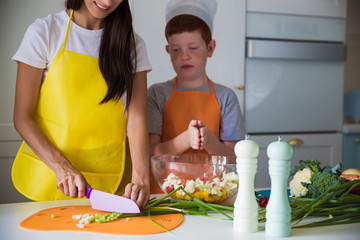 The young happy mother with her son standing in cook form in the kitchen and cutting sprouting onion