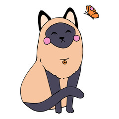 Siamese cat with butterfly - vector hand drawn illustration. Cute kawaii kitty sketch