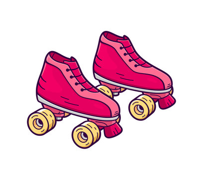 Retro quad roller skates icon isolated on white background. Pink and yellow color girl rollers in flat cartoon style for t-shirt or logo design