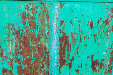 Old metal green painted background with streaks of rust.