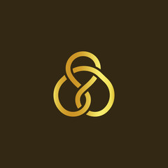 Science technology symbol. Gold knot of gold thread. Simple labyrinth, celtic mascot. Isolated unusual infinity sign. Vector abstract logo on black background.