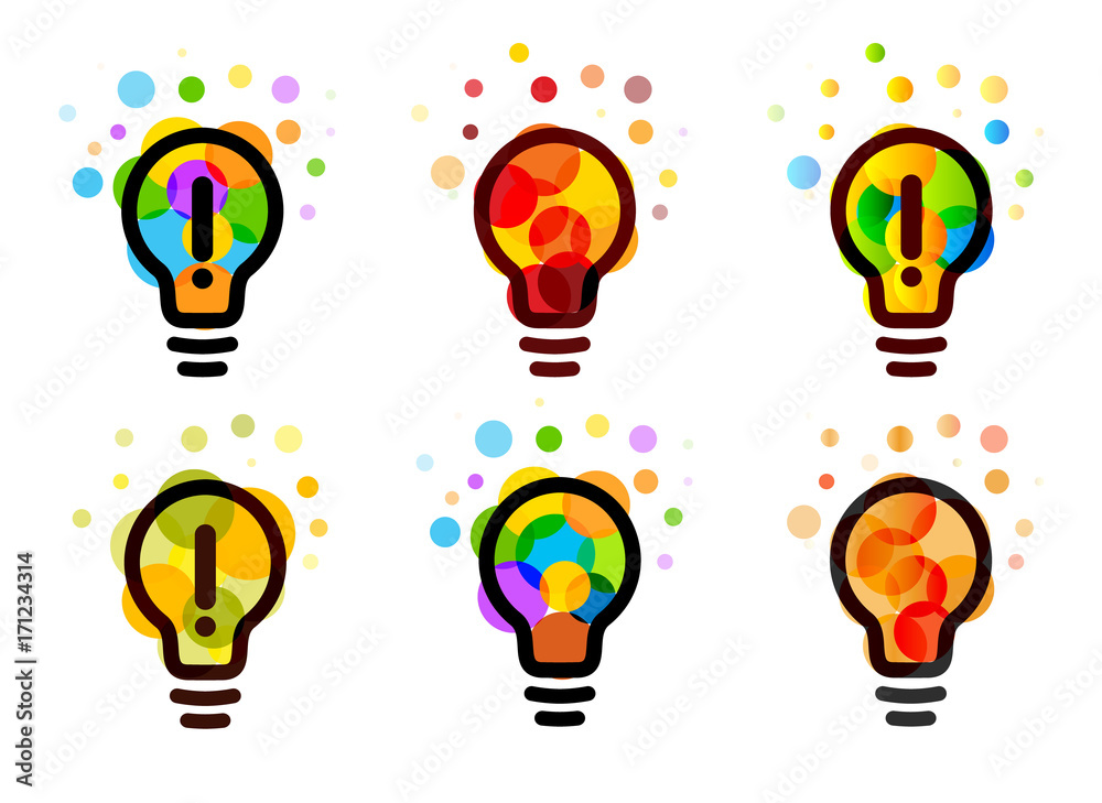Poster lightbulb icon. creative idea logos set design concept. bright colorful circles, bubbles vector arts
