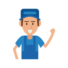 happy repair worker or handyman lifting hand icon image vector illustration design 