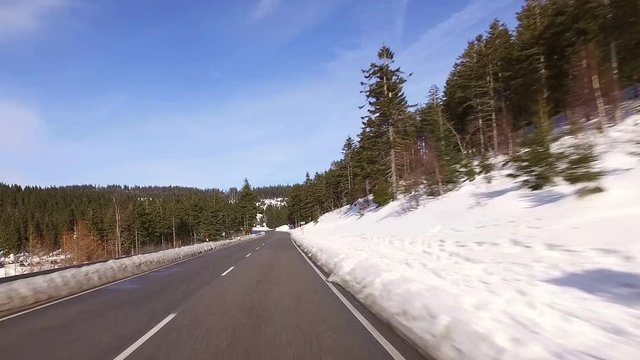 Driving on Snowy Road in Black Forest, Germany