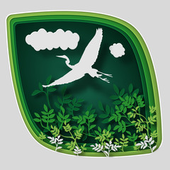 Paper art carve to bird on tree branch in forest at night, origami concept nature and animals idea, vector art and illustration.