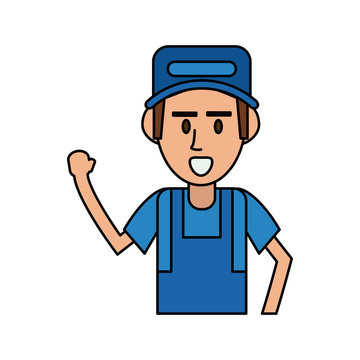 happy repair worker or handyman lifting hand icon image vector illustration design 