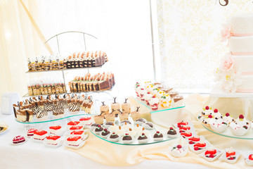 Delicious and tasty dessert table with cupcakes shots at reception closeup