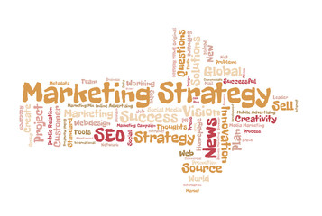 Marketing Strategy word cloud shaped as a arrow