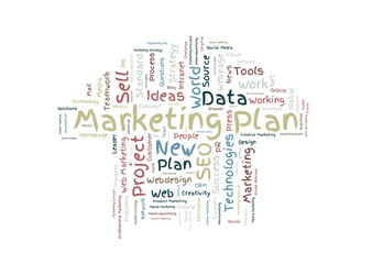 Fototapeta na wymiar Marketing plan word cloud shaped as a arrow