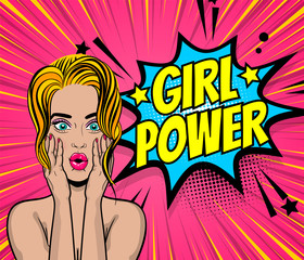 Beautiful sexy girl blonde hair wow oops face open mouth style pop art speech bubble girl power. Comics book retro halftone background. Vector advertise illustration. Comic text.