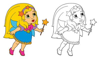 cartoon colorful fairy flying holding wand - isolated coloring page - illustration for children
