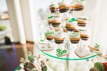Delicious sweets on wedding candy buffet with desserts, cupcakes