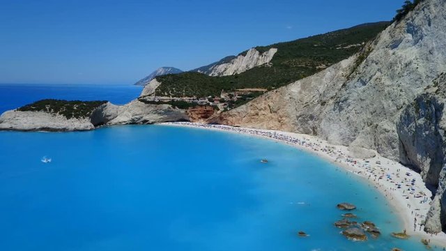Fly over coast of Porto Katsiki in Lefkada, Greece 