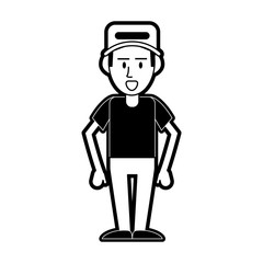 happy man wearing cap icon image vector illustration design  black and white