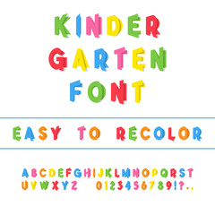Kindergarten Font. Folded Paper Cut Sans Serif Typeface. Letters, Numbers, Punctuation Marks. Kids Latin Alphabet. Vector.