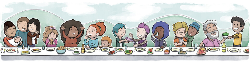 Group of Family and Friends Eating at a large Dining Table (Day Background)