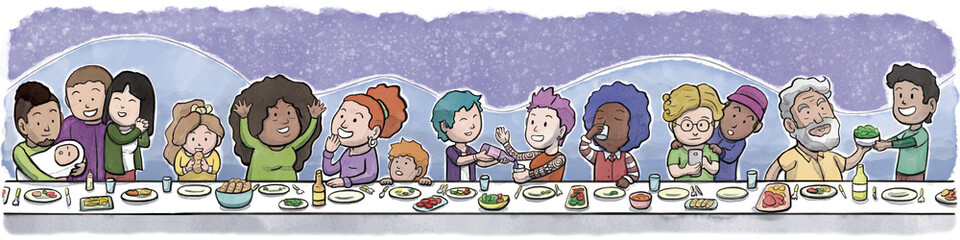 Group of Family and Friends Eating at a large Dining Table (Night Background)