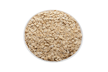 Oat flakes in a bowl isolated on a white background. Healthy Food. Diabetes eating. Oatmeal Day.