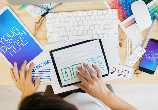 Top View Mockup of Web Designer with Tablet and Smartphone 1