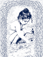 Little girl playing with sand on the beach and dreaming about catching a lot of fish. A monochrome abstract sketch effect