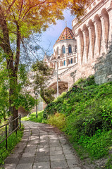 Budapest, Hungary. View of the Fishermen Bastion in Budapest. Beautiful morning urban landscape in the capital of Hungary. Image filtered with cross processed.