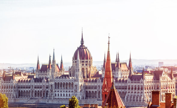 Budapest, Hungary. View of Budapest parliament. Image filtered with cross processed.