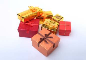 Gift boxes with bow on white background. Decoration.