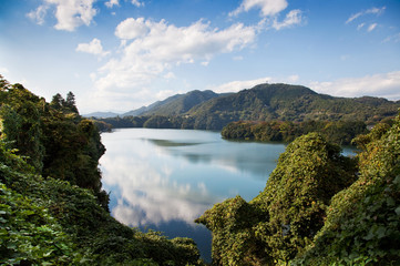 View above big beautiful lake. Sagami Lake, Japan