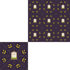 Halloween seamless pattern with headstone in center, yellow smiles arranged in a circle and spider net on the dark background with pattern unit.