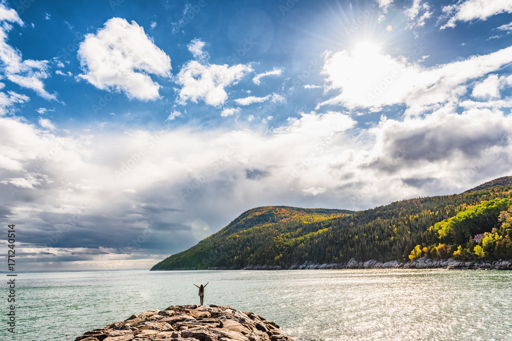 Wall mural autumn nature background canadian landscape in quebec, canada. fall season st lawrence river in char