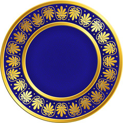 Golden round frame with traditional vintage Greek Meander pattern on the blue background for design template. Gold pattern for decorative tiles and plates Traditional vintage Golden round Greek
