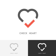Check heart logo - red tick mark and love symbol. Marriage agency, health and medicine vector icon.