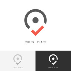 Check place logo - red tick mark and address pointer symbol. Position, location and destination vector icon.
