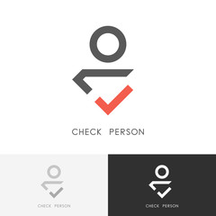 Check person logo - red tick mark and man or human symbol. Employment agency, recruitment and job hunt vector icon.