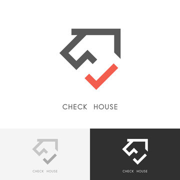 Check house logo - red tick mark and home or building symbol. Estate agency, realty and real property vector icon.