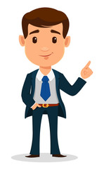 Business man cartoon character in smart clothes, office style. Young handsome businessman in suit showing something.