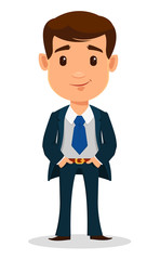 Business man cartoon character in smart clothes, office style. Young handsome businessman in suit standing with hands in pockets.