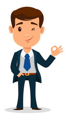 Business man cartoon character in smart clothes, office style. Young handsome businessman in suit showing OK sign.