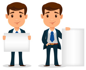 Business man cartoon character in smart clothes, office style. Young handsome businessman in suit holding blank placard and standing near blank banner. Set. Vector illustration.