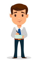 Business man cartoon character in smart clothes, office style. Young handsome businessman whiting something to his notepad.
