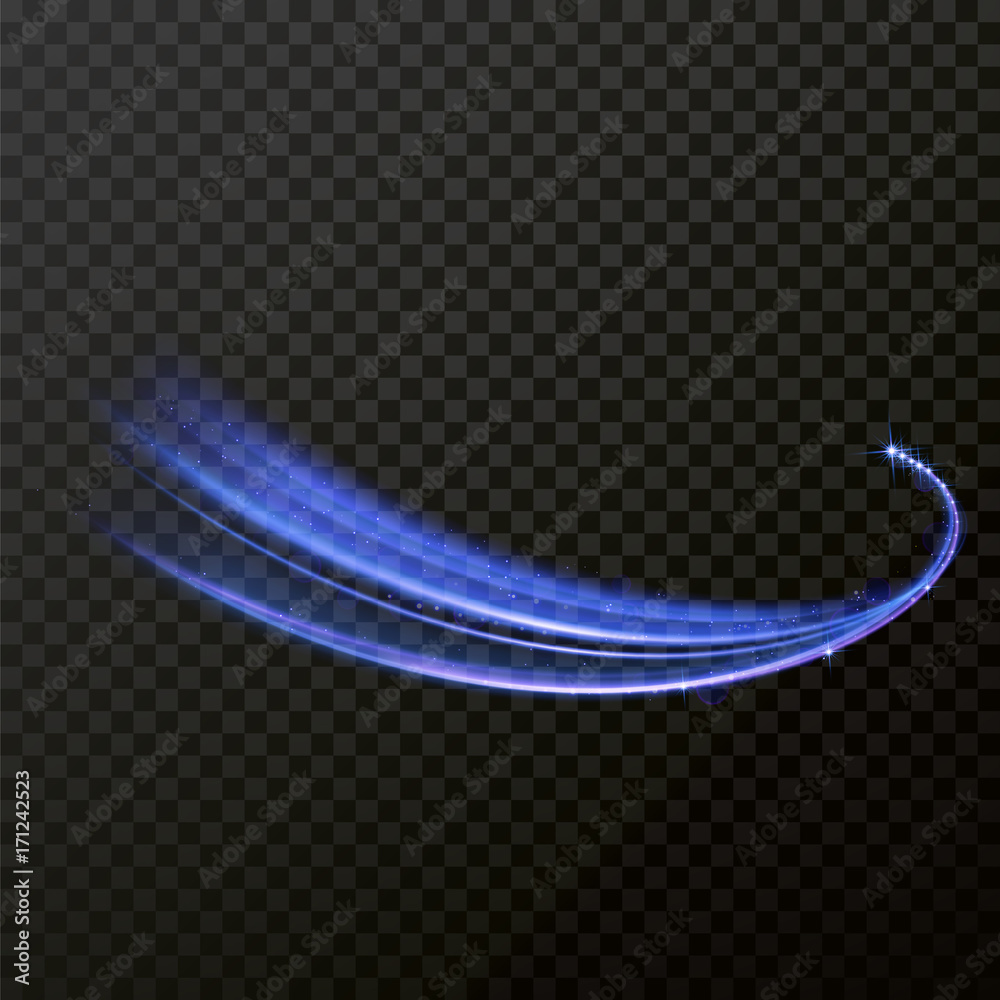 Fototapete Light effect neon line swirl. Vector glowing light fire flare trace or magic glitter sparkle swirl trail effect on transparent background. Bokeh light glitter round wave line with sparkling particles