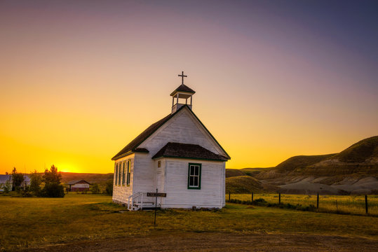 Sunset over the old church in the ghost town of Dorothy