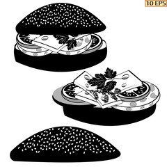 Sandwich, Bun with sausage. Cheeseburger. Sandwich with tomato and sausage. Sandwich with butter and cheese. Bun with smoked sausage.  Black icon. Logo. Vector.