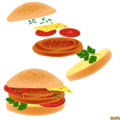 Sandwich with meat rissole. Cheeseburger. Burger with meat cutlet. Cutlet with bread. Cutlet. Bread and meat rissole. Sandwich with green vegetable cheese, tomato, cutlet. Vector illustration. 