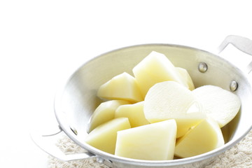 chopped potato on stainless steel pan