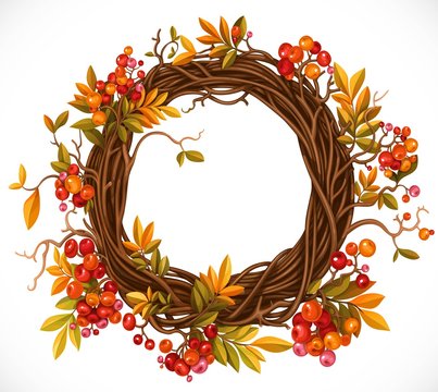 Autumn wreath of twigs, leaves, red berries and pumpkins isolated on white background